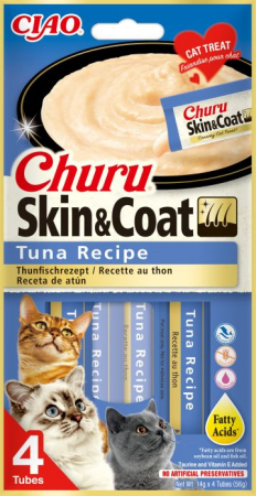 Recompense pisici - INABA CHURU Recompensă pt. pisici, Skin & Coat Baton cu Ton, Pachet cu 4 bucăţi x 15g