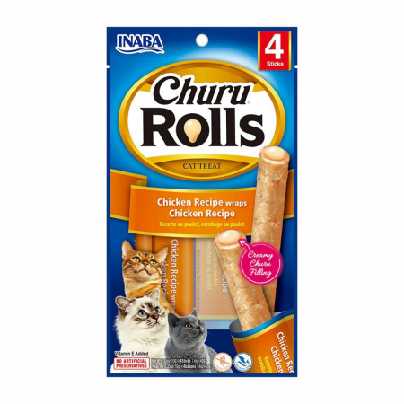 Recompense pisici - INABA CHURU Rolls, Recompensă pentru pisici, Rulouri de Pui umplute cu crema de Pui, 4x10g