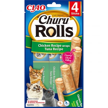 Recompense pisici - INABA CHURU Rolls, Recompensă pentru pisici, Rulouri de Pui umplute cu crema de Ton, 4x10g