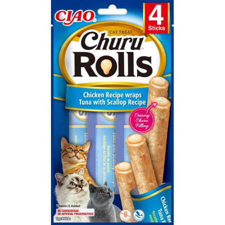 Recompense pisici - INABA CHURU Rolls, Recompensă pentru pisici, Rulouri de Pui umplute cu crema de Ton & Scoici, 4x10g