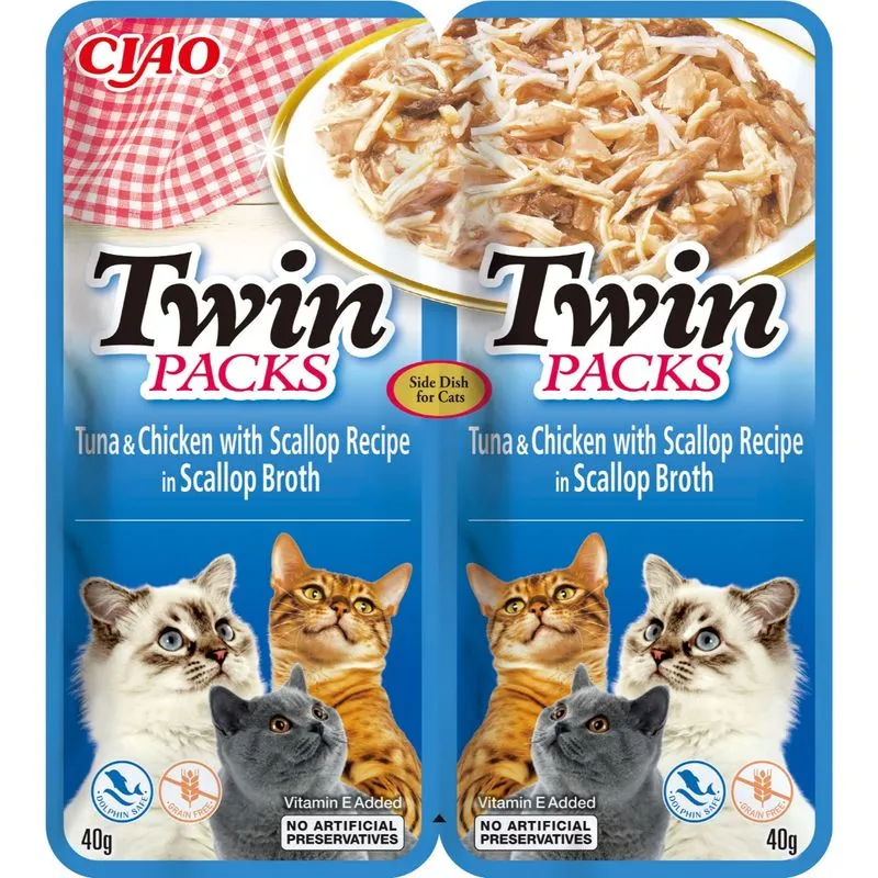 Hrana umeda pisici - INABA Ciao Twin Packs, Ton, Pui și Scoici, plic hrană umedă fără cereale pisici, (topping), 80g