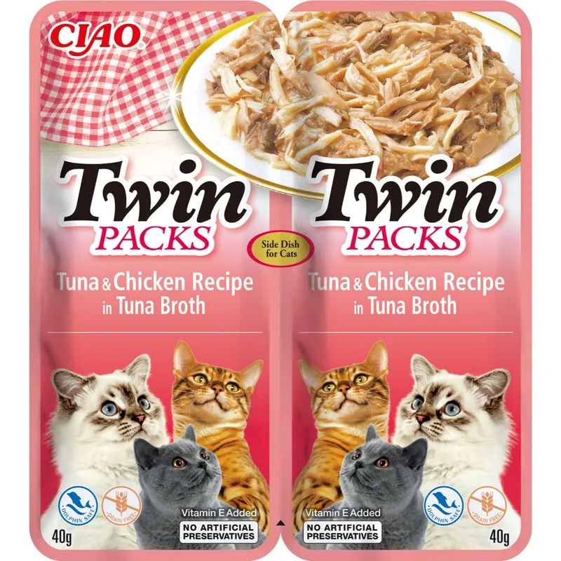 Hrana umeda pisici - INABA Ciao Twin Packs, Ton și Pui, plic hrană umedă fără cereale pisici, (topping), 80g