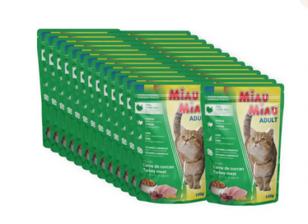 Hrana umeda pisici - MIAU MIAU, Curcan, plic hrană umedă pisici, (în sos), bax, 100g x 24buc