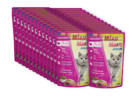 PISICI - MIAU MIAU Kitten, Pui, plic hrană umedă pisici junior, (în sos), bax, 100g x 24buc