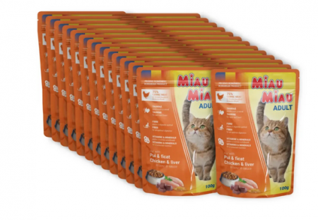 Hrana umeda pisici - MIAU MIAU, Pui și Ficat, plic hrană umedă pisici, (în sos), bax, 100g x 24buc