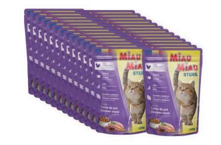 Hrana umeda pisici - MIAU MIAU Sterilised, Pui, plic hrană umedă pisici sterilizate, (în sos), bax, 100g x 24buc