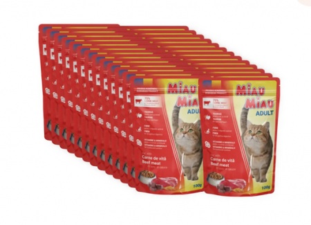 Hrana umeda pisici - MIAU MIAU, Vită, plic hrană umedă pisici, (în sos), bax, 100g x 24buc