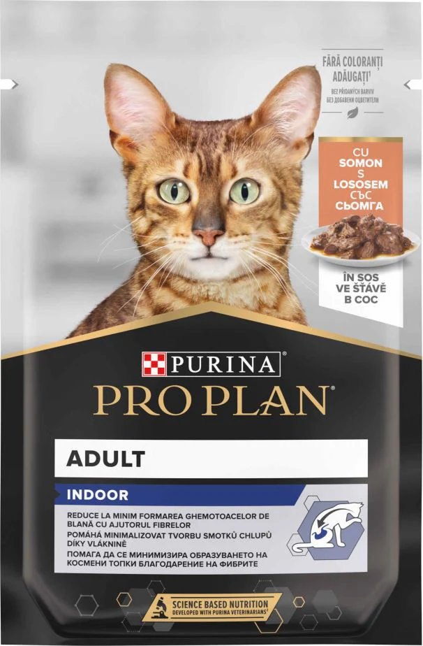 Hrana umeda pisici - PRO PLAN Indoor- Plic hrană umedă pentru pisici cu Somon 85g