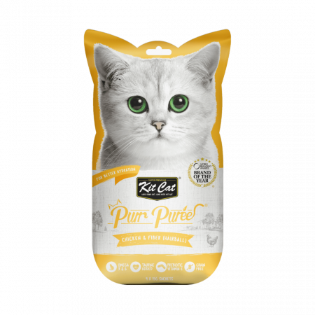 Recompense pisici - Recompense lichde pentru pisici Kit Cat Purr Puree, pui si fibre, Hairball, 4 x 15g