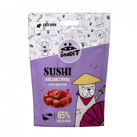 Recompense caini - Recompense pentru caini Mr. Bandit SUSHI, rata si peste, 80g