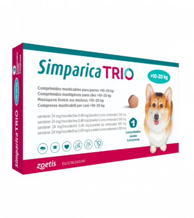 Suplimente caini - Simparica Trio Caini 24 mg (10 - 20 kg) Deparazitare interna si externa, 3 x comprimate masticabile