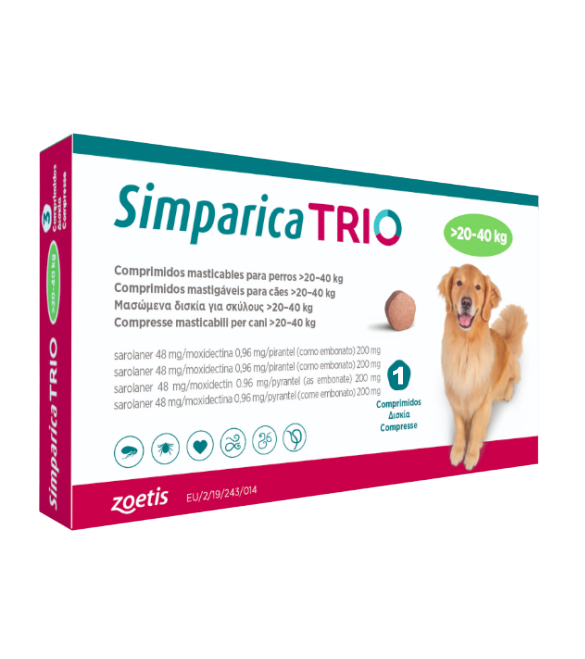 Suplimente caini - Simparica Trio Caini 48 mg (20 - 40 kg) Deparazitare interna si externa, 3 x comprimate masticabile