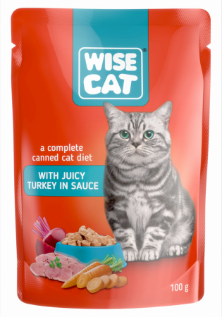 Hrana umeda pisici - Wise Cat, Curcan în sos, hrană umedă pisici, bax 24 plicuri 100 g