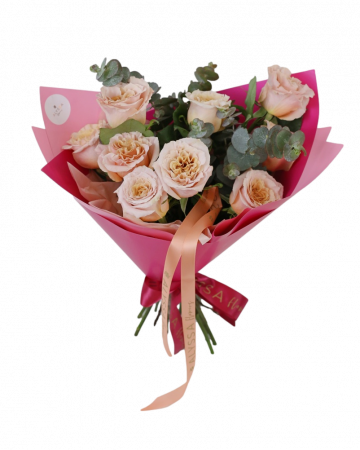 Buchete - Buchet 9 Trandafiri Peach si Eucalipt