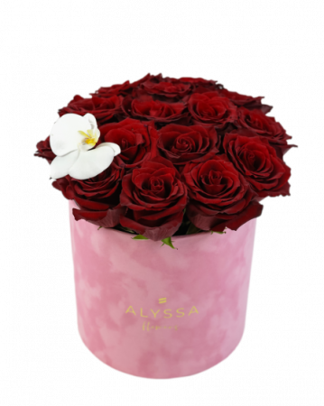 Aranjamente Florale - Cutie cu Trandafiri Rosii si Orhidee