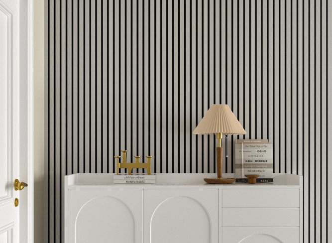 Set 4 panouri riflaj acustic decorativ, mdf si pasla, 260x30x2.1cm,gri deschis [2]