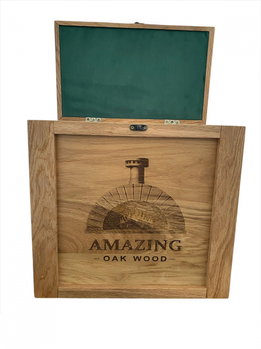 Cutie premium din lemn masiv de stejar cu lemne de foc – Mânere din piele, interior textil, ideală grătare și cuptoare de pizza [6]