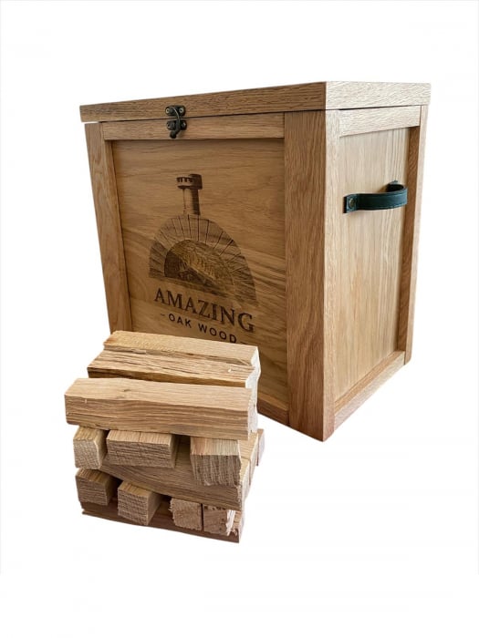 Cutie premium din lemn masiv de stejar cu lemne de foc – Mânere din piele, interior textil, ideală grătare și cuptoare de pizza [5]