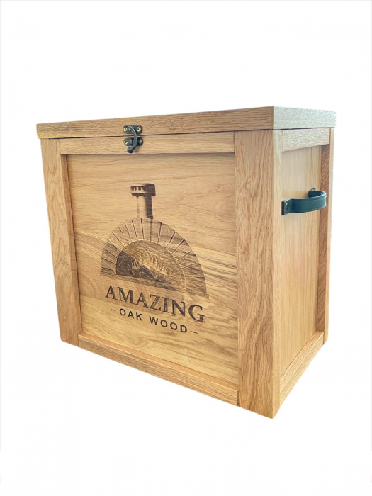 Cutie premium din lemn masiv de stejar cu lemne de foc – Mânere din piele, interior textil, ideală grătare și cuptoare de pizza [2]