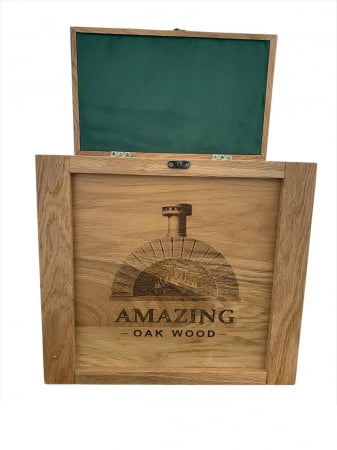 Cutie premium din lemn masiv de stejar cu lemne de foc – Mânere din piele, interior textil, ideală grătare și cuptoare de pizza [5]