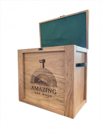 Produse - Cutie premium din lemn masiv de stejar cu lemne de foc – Mânere din piele, interior textil, ideală grătare și cuptoare de pizza