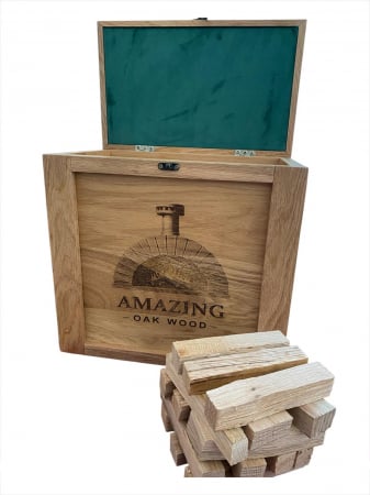 Cutie premium din lemn masiv de stejar cu lemne de foc – Mânere din piele, interior textil, ideală grătare și cuptoare de pizza [2]