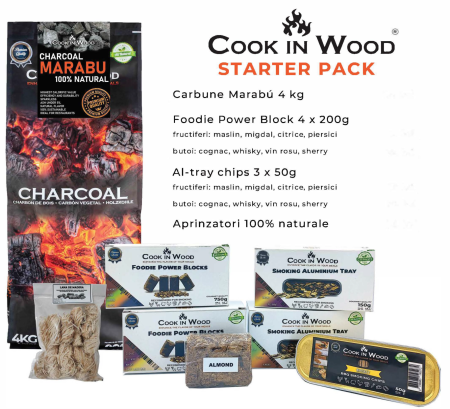 Oferta de inițiere în arta afumării - Pachet de inițiere pentru afumare COOK IN WOOD – Cărbuni Marabu, Foodie Power Block, tăvițe cu așchii și aprinzătoare