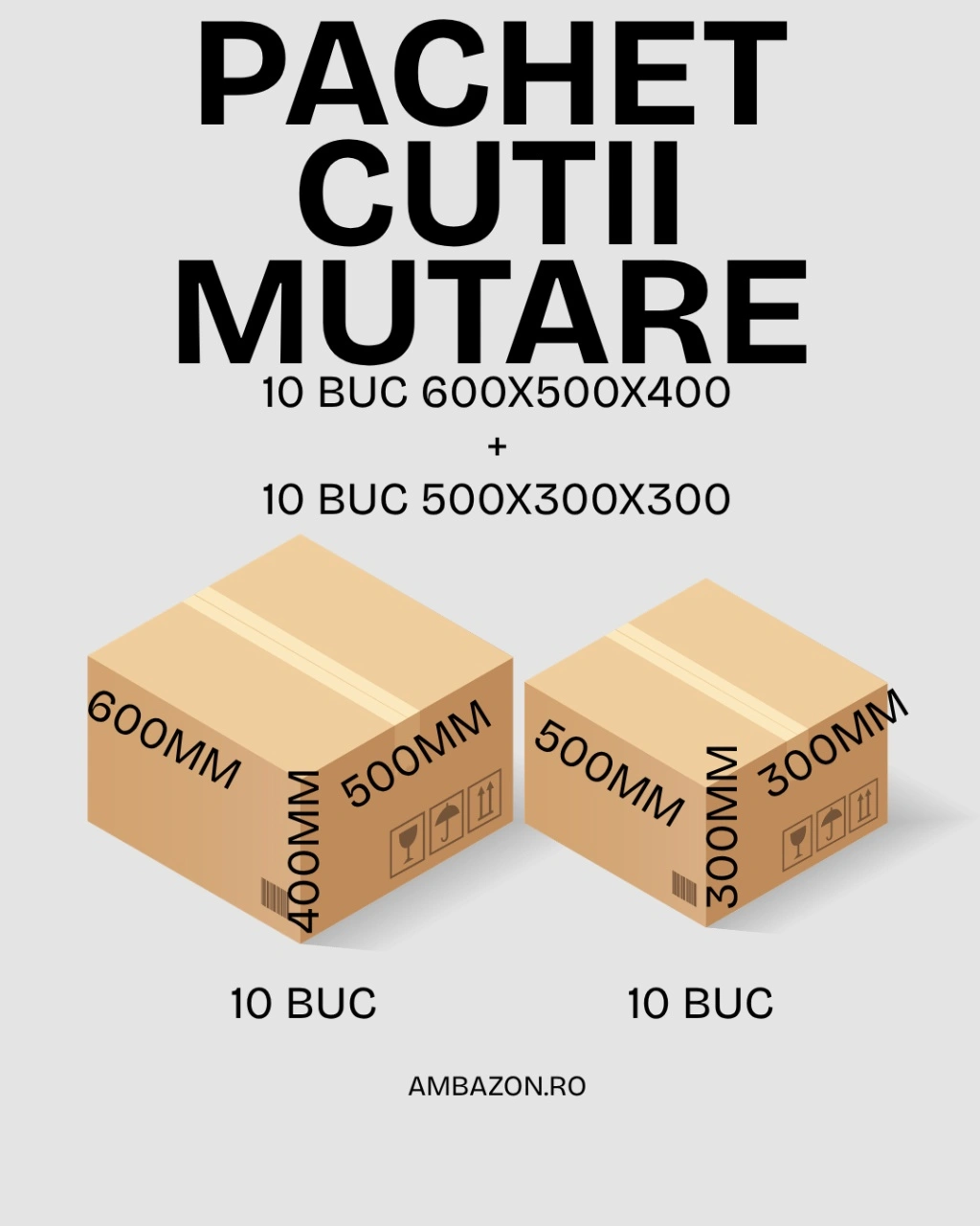 Cutii carton - 1,65m³ PACHET CUTII PENTRU MUTARE — 10 buc 600x400x500mm + 10 buc 500x300x300mm