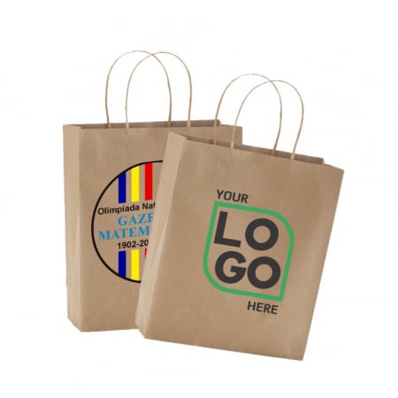 Sacoșe hârtie - Sacoșă Kraft  - 25x11x32 cm - din hârtie kraft natur, personalizată, cu mâner răsucit