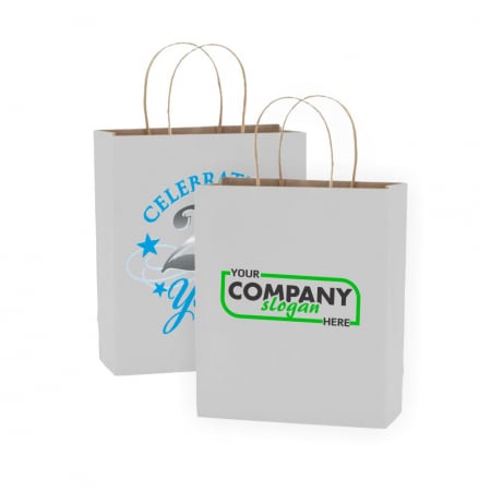 Sacoșe hârtie - Sacoșă Kraft Albit - 25x11x32 cm - din hârtie kraft albit, personalizată, cu mâner răsucit