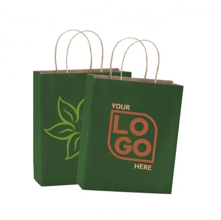 Sacoșe hârtie - Sacoșă Kraft Verde - 25x11x32 cm - din hârtie kraft, personalizată, cu mâner răsucit