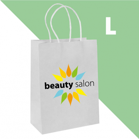 Sacoșe și pungi - Sacoșă L - 32x12x40 cm - din hârtie albă, personalizată, cu mâner răsucit
