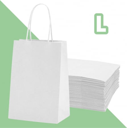 Sacoșe hârtie - Sacoșă L - 32x12x40 cm - din hârtie albă, neimprimată, cu mâner răsucit