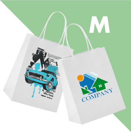 Sacoșe și pungi - Sacoșă M - 25x11x32 cm - din hârtie albă, personalizată, cu mâner răsucit