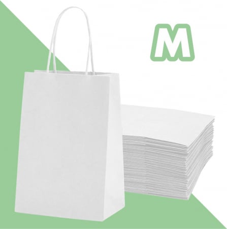 Sacoșe și pungi - Sacoșă M - 25x11x32 cm - din hârtie alba, neimprimată, cu mâner răsucit