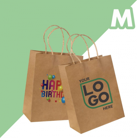 Sacoșe și pungi - Sacoșă M - 25x11x32 cm - din hârtie kraft natur, personalizată, cu mâner răsucit