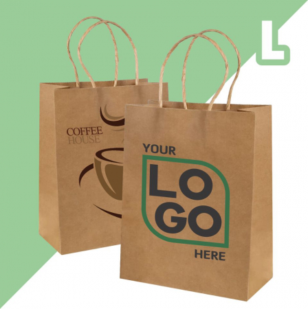 Sacoșe și pungi - Sacoșă L - 32x12x40 cm - din hârtie kraft natur, personalizată, cu mâner răsucit