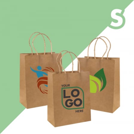Sacoșe hârtie - Sacoșă S - 18x8x21cm - din hârtie kraft natur, personalizată, cu mâner răsucit
