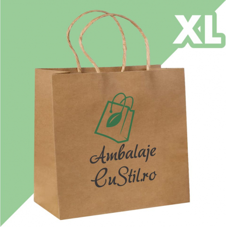Sacoșe și pungi - Sacoșă XL - 49x14x40 cm - din hârtie kraft natur, personalizată, cu mâner răsucit