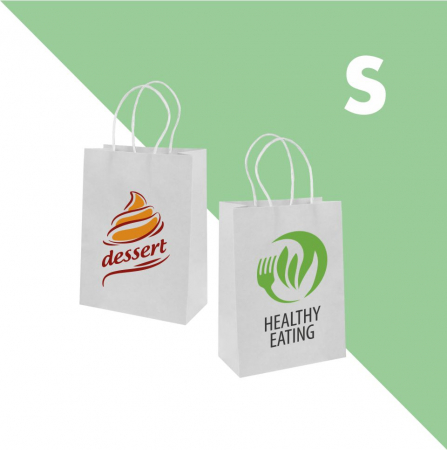 Sacoșe și pungi - Sacoșă S - 18x8x21cm - din hârtie albă, personalizată, cu mâner răsucit