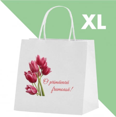 Sacoșe hârtie - Sacoșă XL - 49x14x40 cm - din hârtie albă, personalizată, cu mâner răsucit