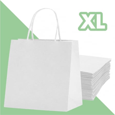Sacoșe și pungi - Sacoșă XL - 49x14x40 cm - din hârtie albă, neimprimată, cu mâner răsucit