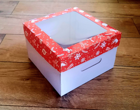CUTII DE TORT CU FEREASTRA - Cutie tort 23x23x15 cm, cu fereastra, tipar Craciun