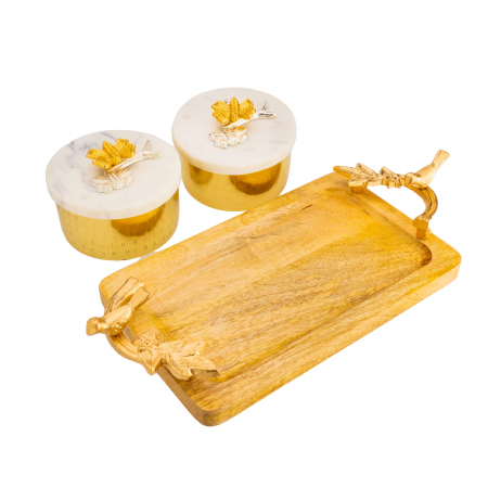 Tava din lemn de mango cu  recipiente din fier si capac din marmura Treasure [2]