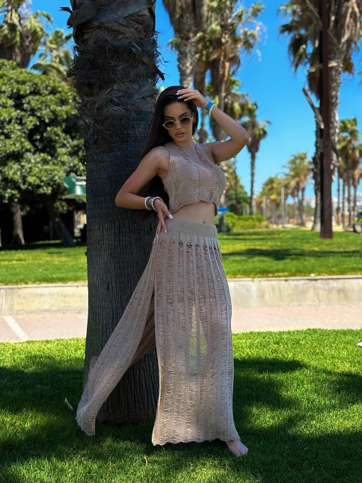 Set plaja tricotat 2 piese – fusta lunga cu slit si top crop – marime universala S-M [1]