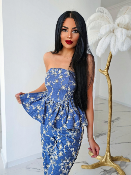 Salopetă damă strapless cu broderie și volane – Bleu pastel sau Albastru, elegantă și vaporoasă [2]