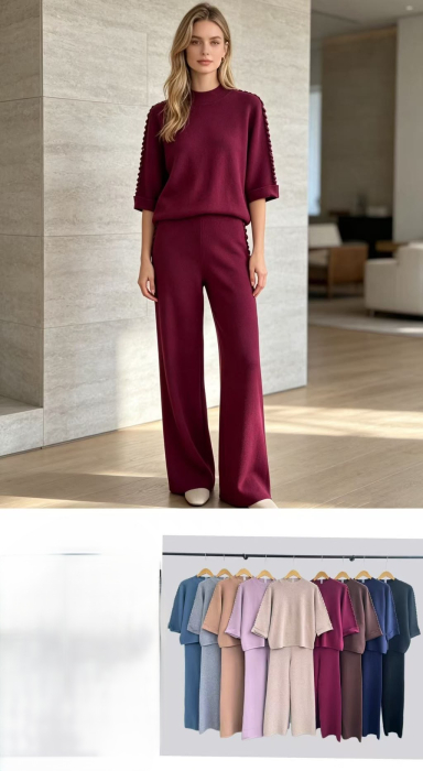 Compleu dama tricot cu pantaloni evazati si detalii decorative laterale [2]