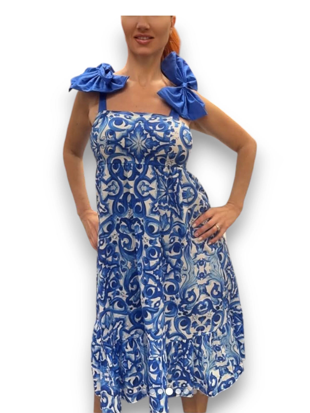 Rochie lejera de vara cu imprimeu albastru si bretele funde – marime universala S-M [1]
