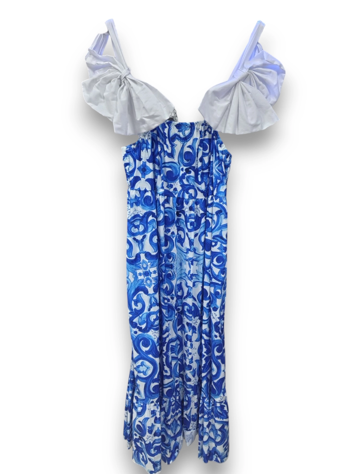 Rochie lejera de vara cu imprimeu albastru si bretele funde – marime universala S-M [2]