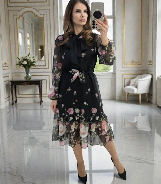 Rochie Voal Midi cu Imprimeu Floral si Funda – S M L Diverse Culori [3]